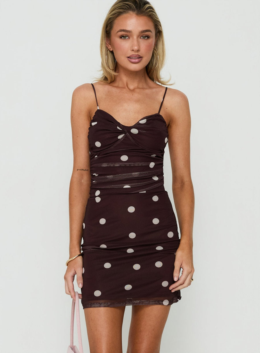 Edesia Ruched Mini Dress Chocolate Polka Dot · photo 1