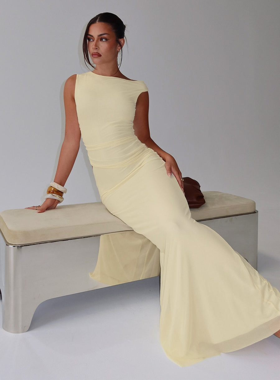 Krystyna Off Shoulder Ruched Mesh Maxi Dress Butter · photo 1