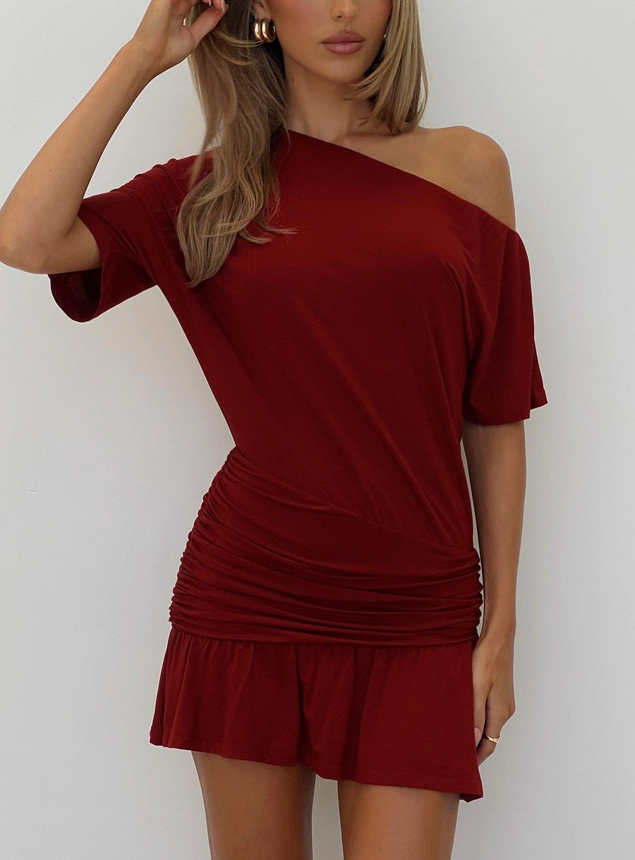 Haylo Off Shoulder Drape Mini Dress Burgundy · photo 1