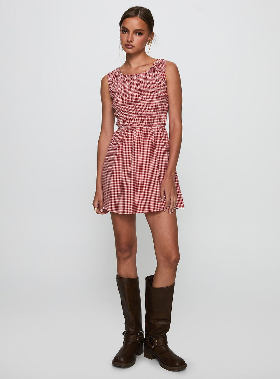 Winxie Shirred Mini Dress Red Gingham · photo 2