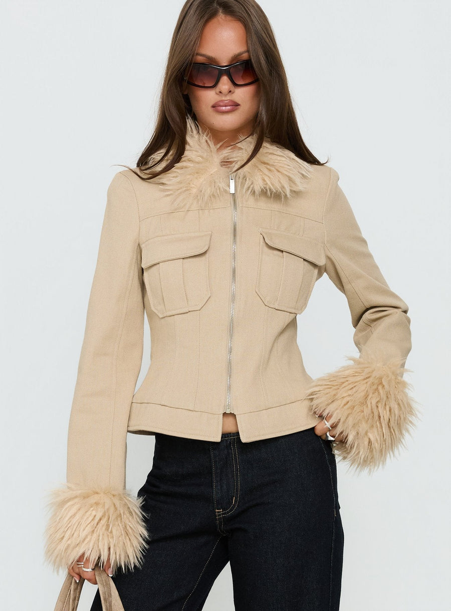 Nindie Faux Fur Contrast Jacket Tan · photo 2