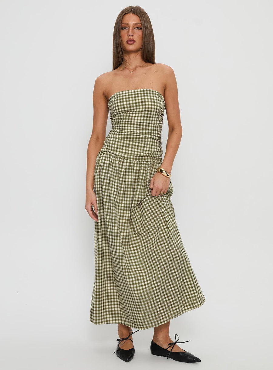 Frankey Strapless Drop Waist Maxi Dress Green Check · photo 2