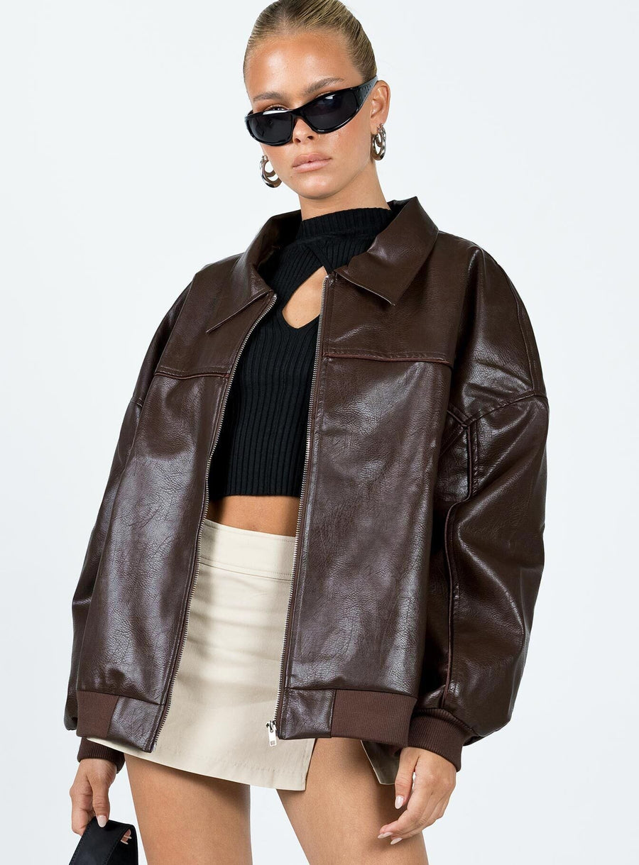Goldsmith Faux Leather Bomber Jacket Brown · photo 2