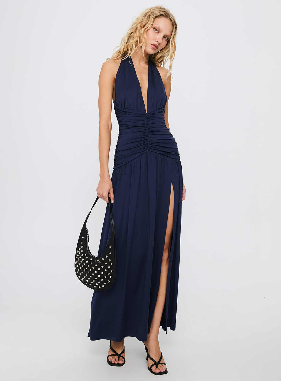 Diona Halter Ruched Maxi Dress Navy · photo 2