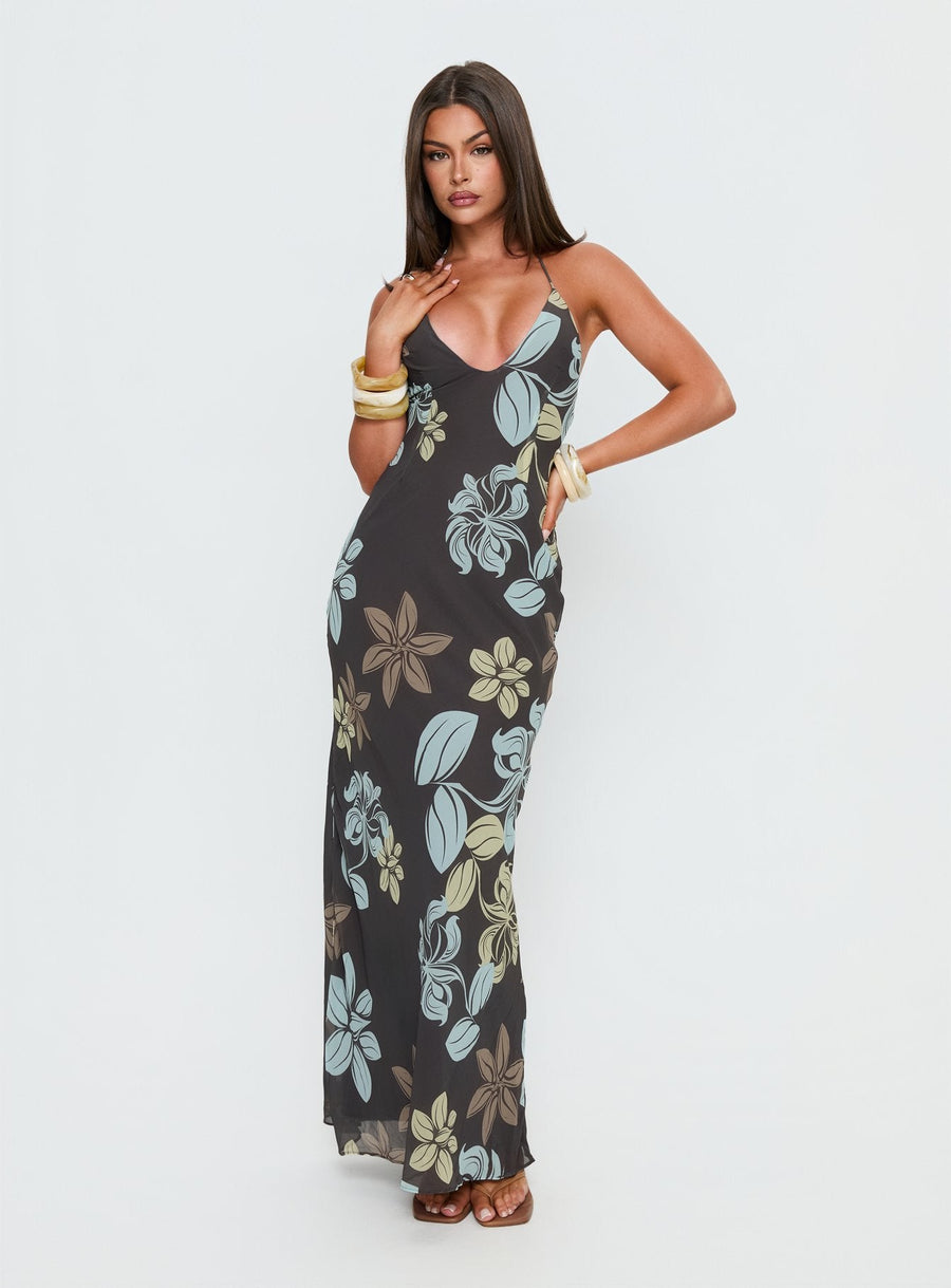 Esmira Halter Maxi Dress Chocolate / Blue Floral · photo 1