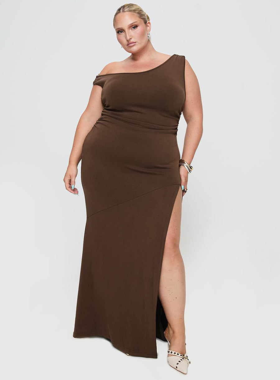 Rios One Shoulder Maxi Dress Brown Curve · photo 2