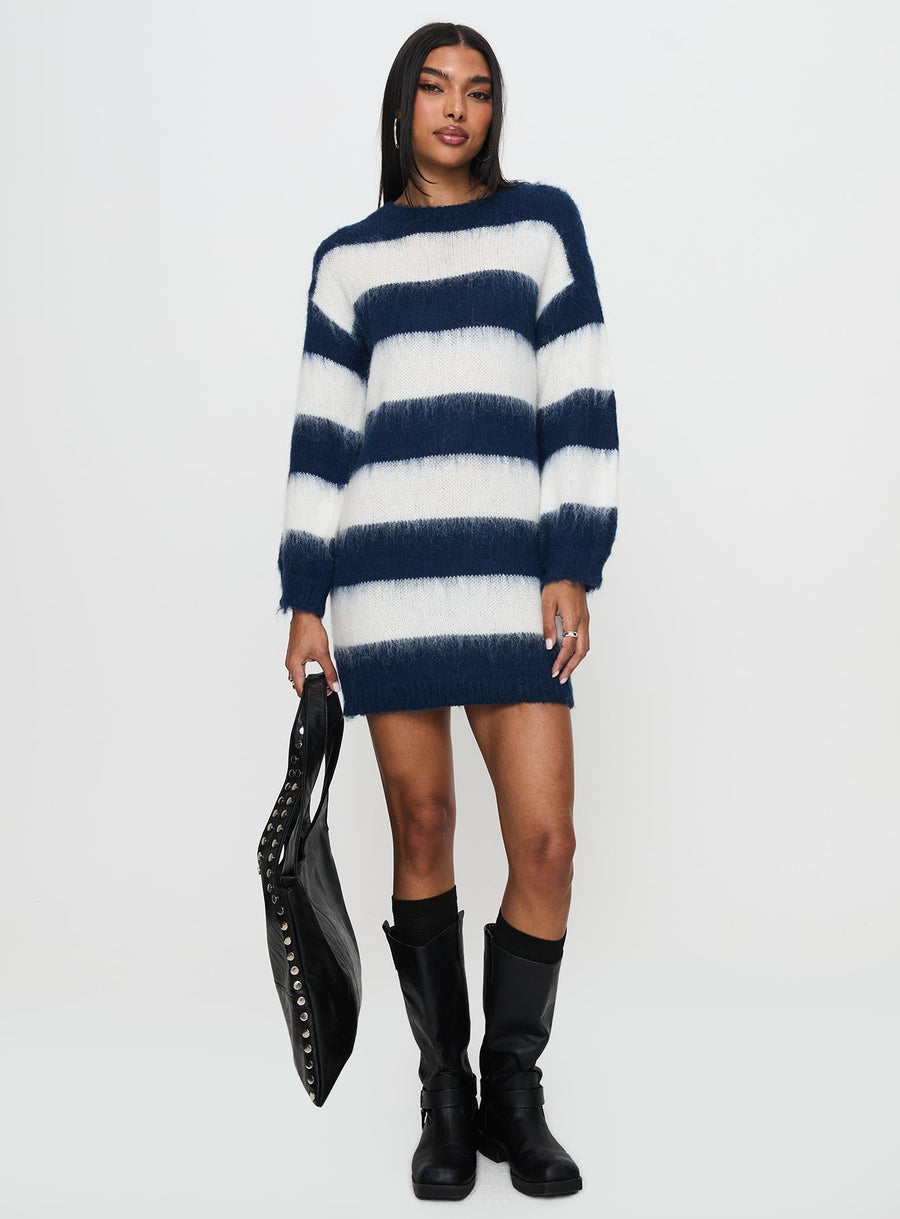 Iryna Long Sleeve Knit Mini Dress Navy / White Stripe · photo 2
