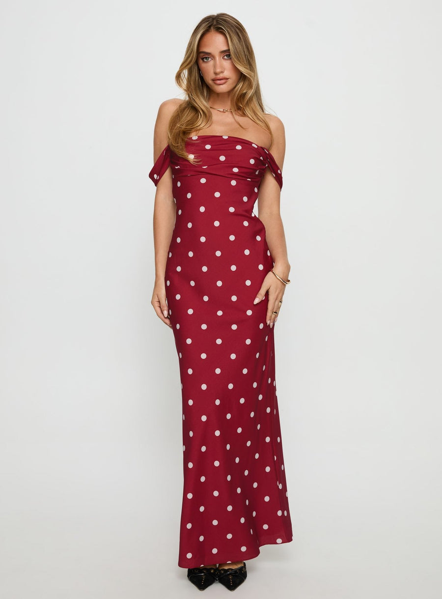 End Credits Off Shoulder Pleat Maxi Dress Red / Polka Dot · photo 2
