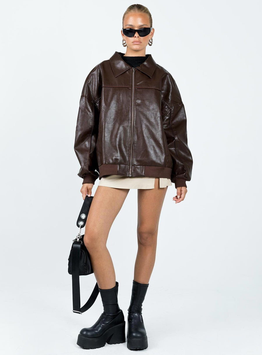 Goldsmith Faux Leather Bomber Jacket Brown · photo 3