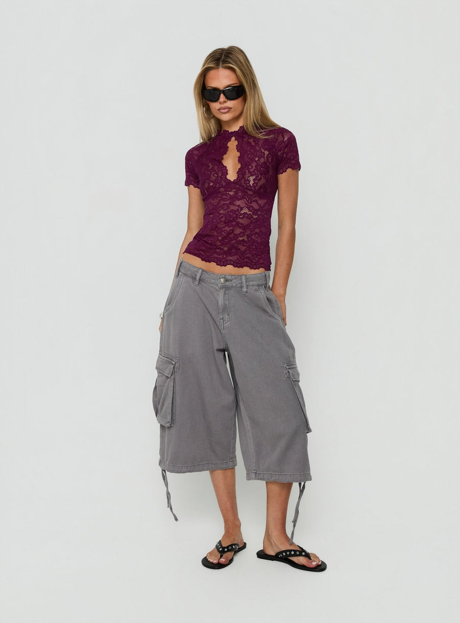 Quinbie Lace Short Sleeve Top Plum · photo 3