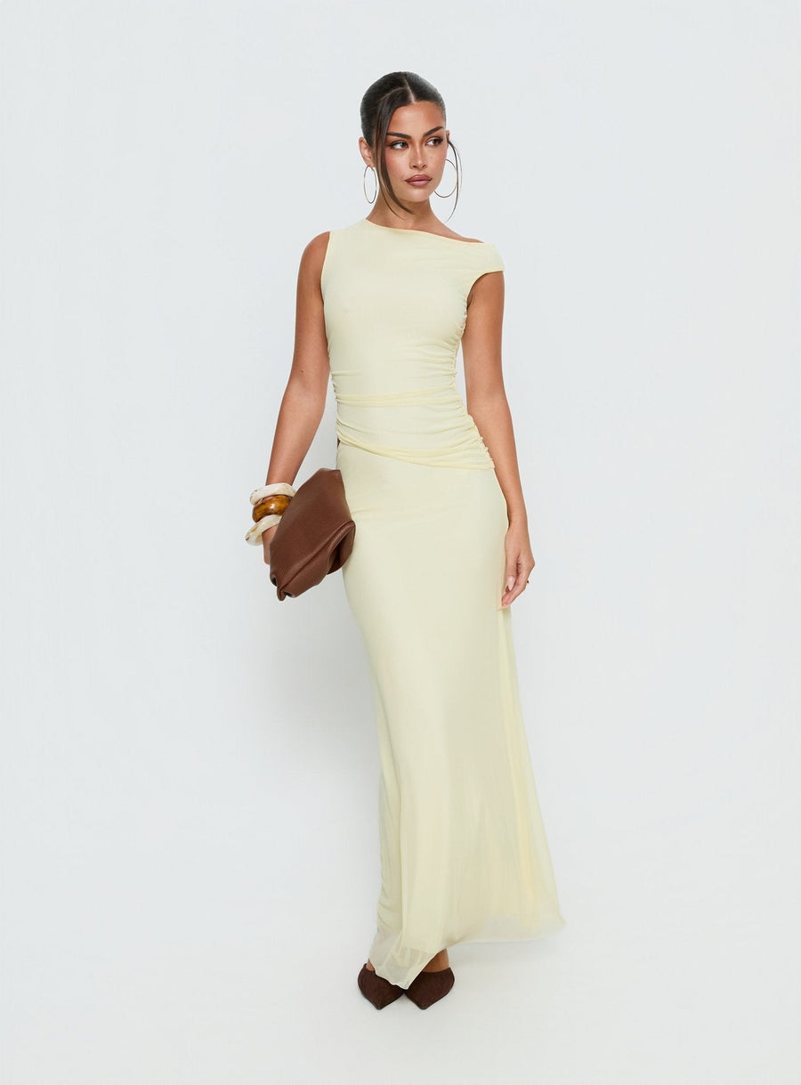 Krystyna Off Shoulder Ruched Mesh Maxi Dress Butter · photo 3