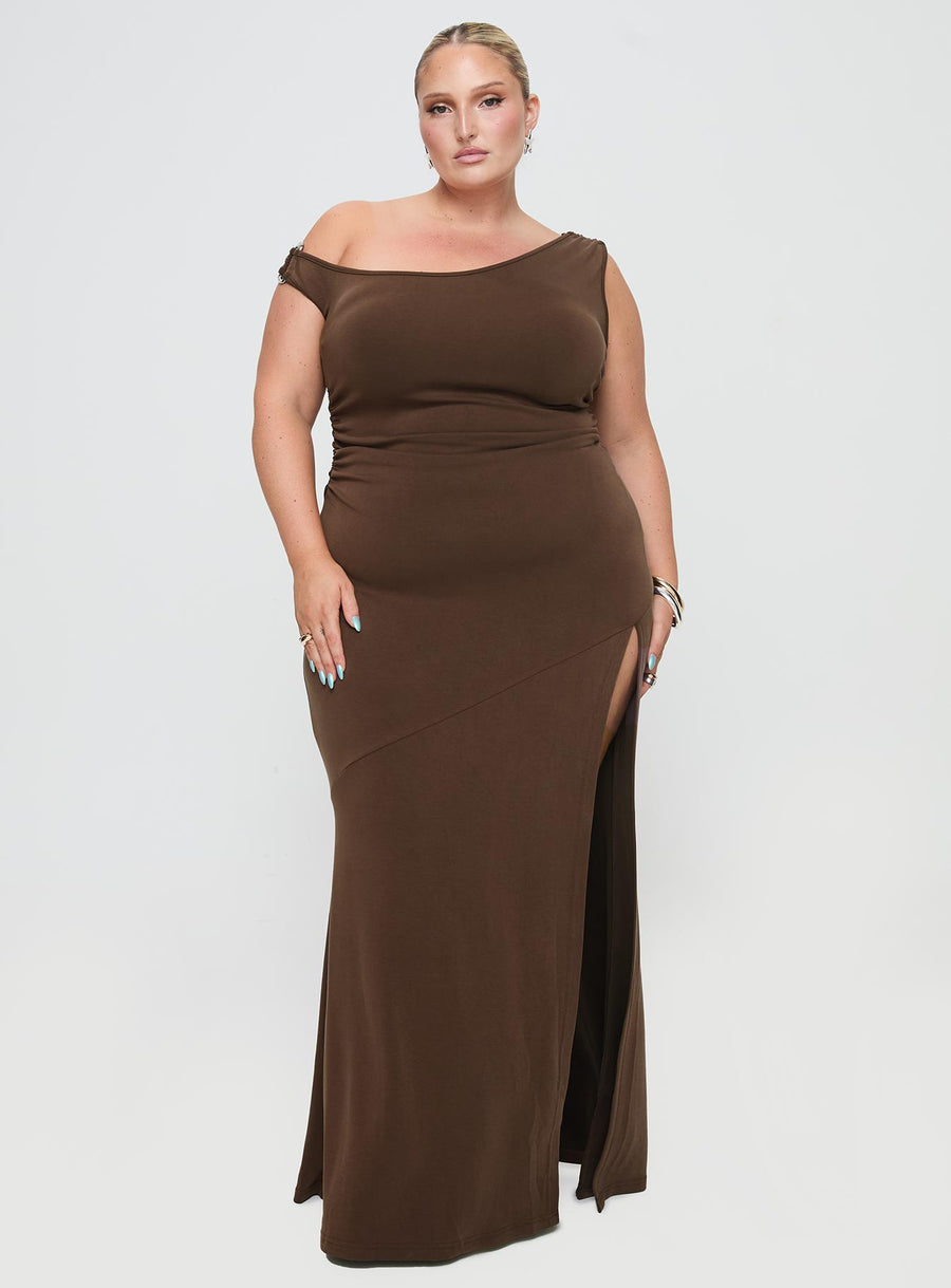 Rios One Shoulder Maxi Dress Brown Curve · photo 3