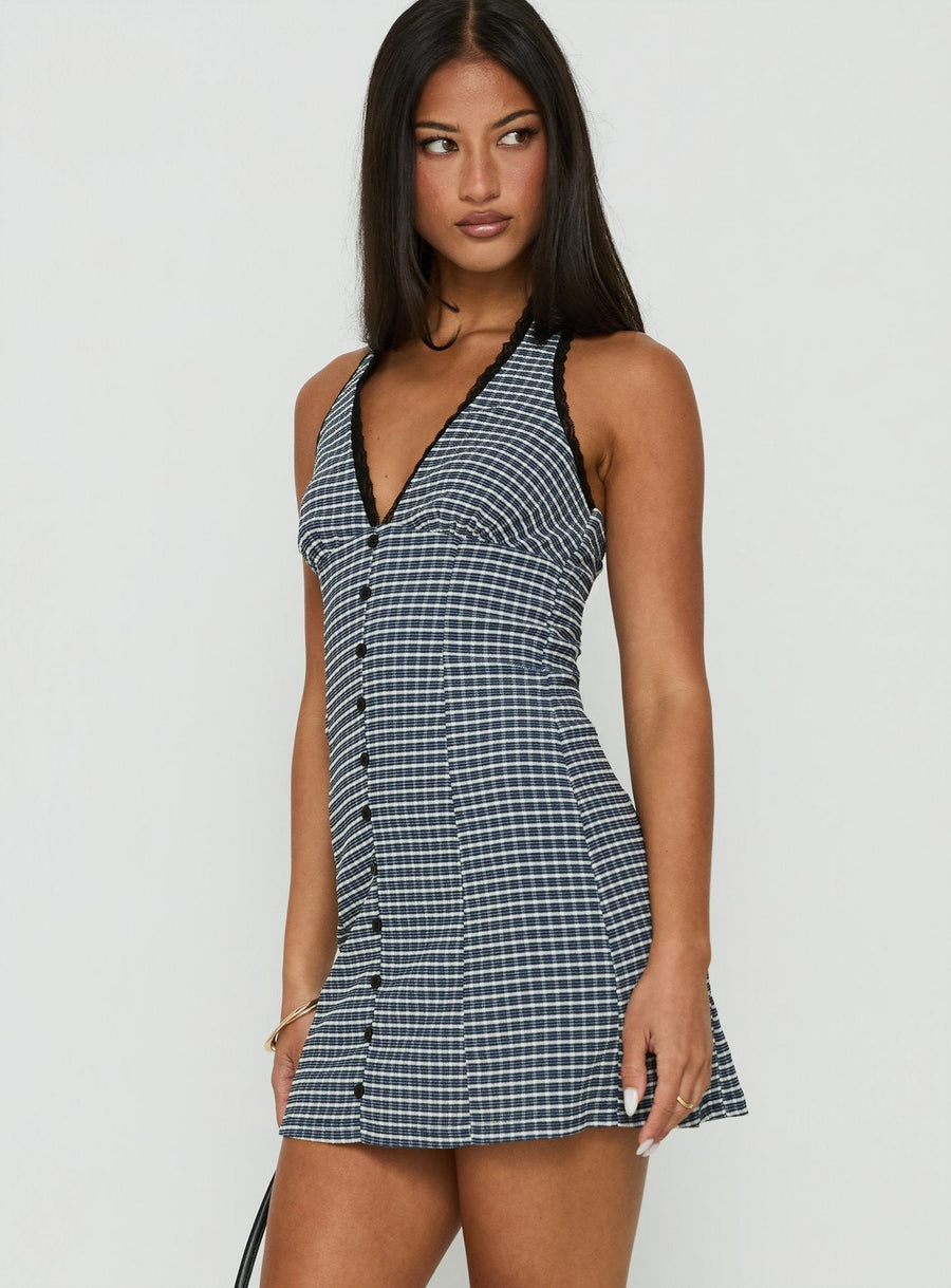 Fabrizia Halter Lace Trim Mini Dress Navy Check · photo 3