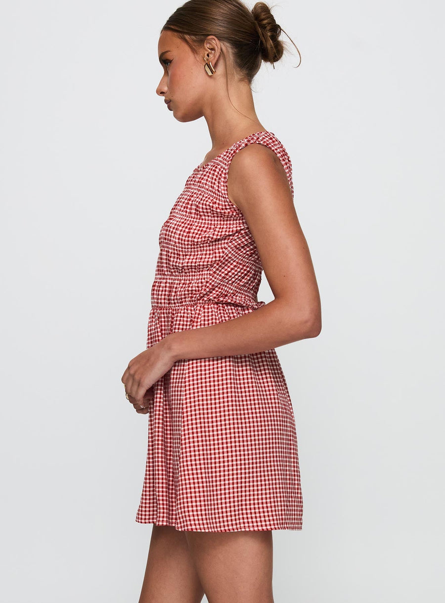 Winxie Shirred Mini Dress Red Gingham · photo 4