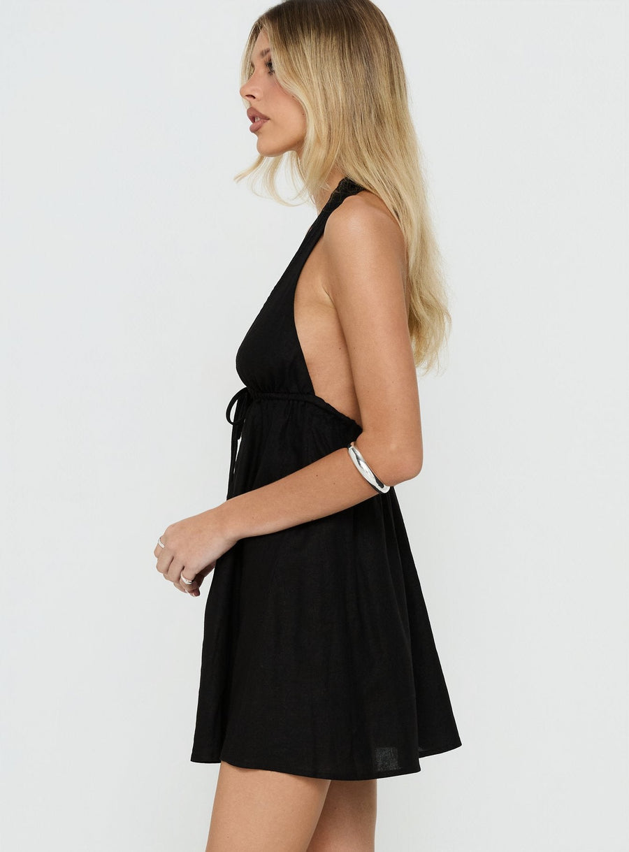Easy Going Button Detail Halter Linen Mini Dress Black · photo 4