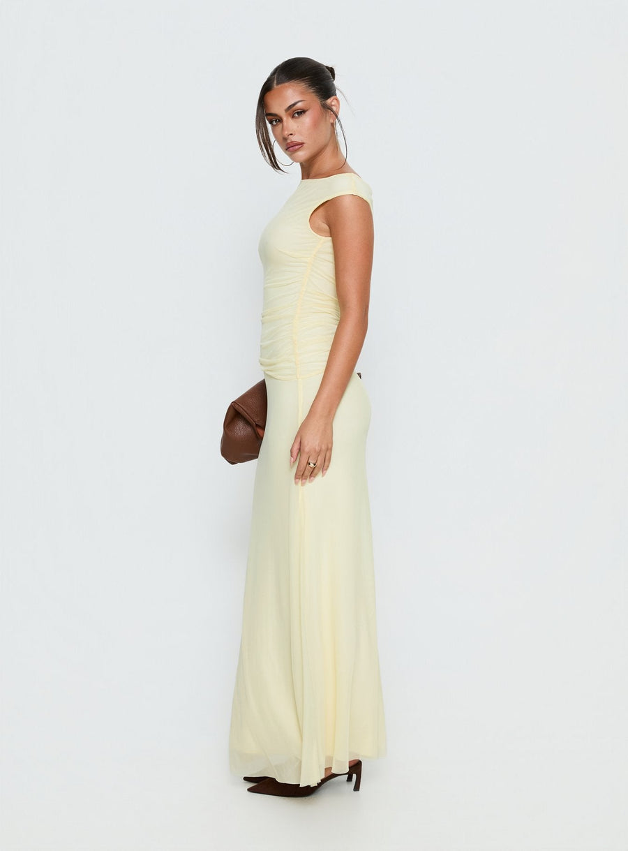 Krystyna Off Shoulder Ruched Mesh Maxi Dress Butter · photo 4