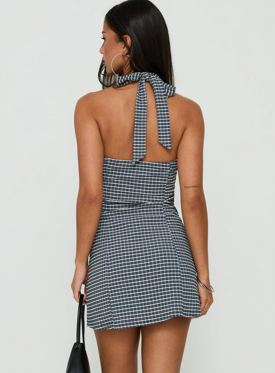 Fabrizia Halter Lace Trim Mini Dress Navy Check · photo 4