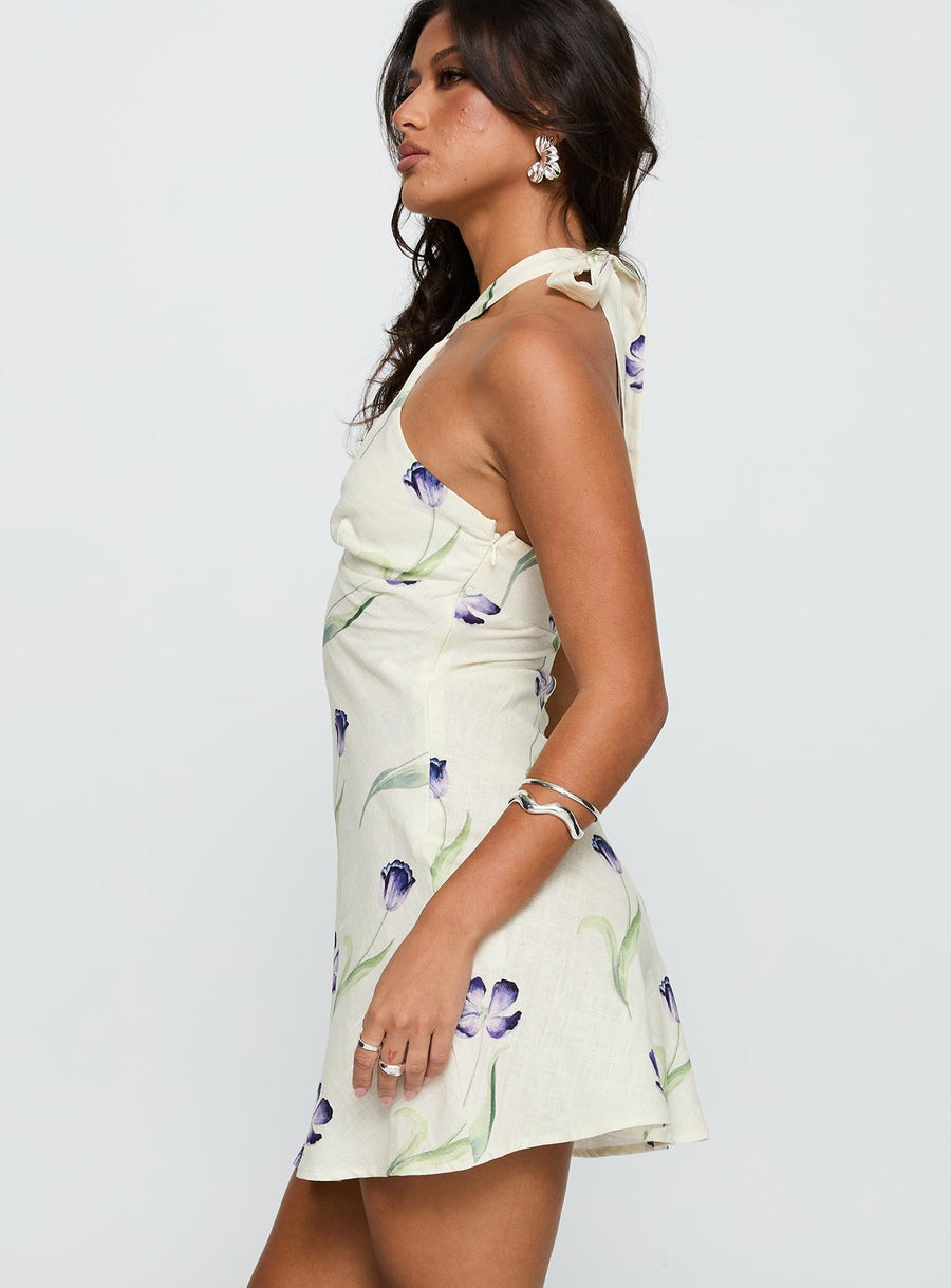 Havenna Halter Linen Blend Mini Dress Cream Floral · photo 4