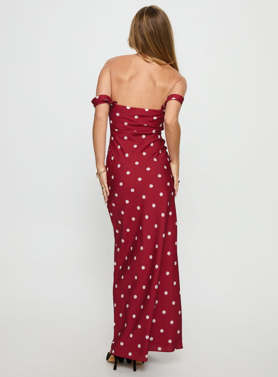 End Credits Off Shoulder Pleat Maxi Dress Red / Polka Dot · photo 4
