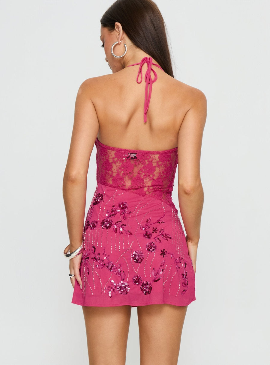Havanna Halter Embellished Mini Dress Magenta · photo 5