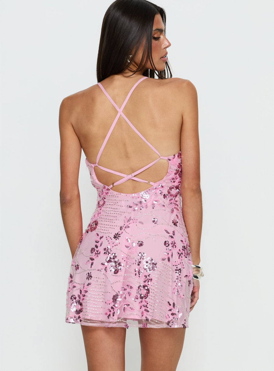 Steffie Beaded Backless Mini Dress Pink · photo 5