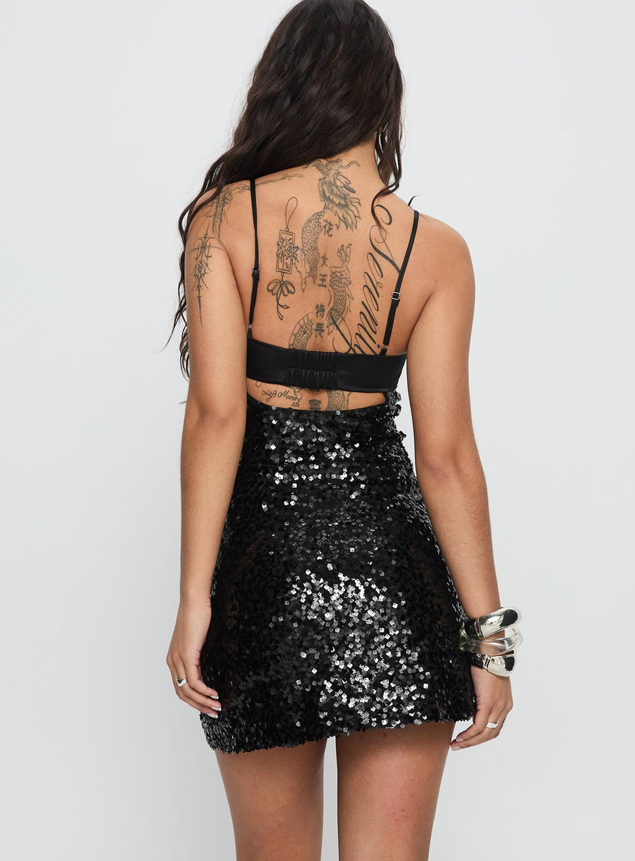 Alishia Satin Sequin Corset Mini Dress Black · photo 5