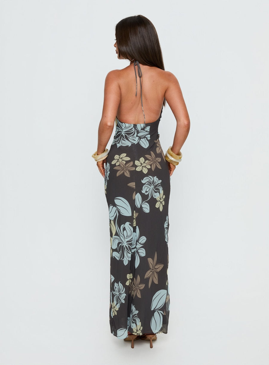 Esmira Halter Maxi Dress Chocolate / Blue Floral · photo 4