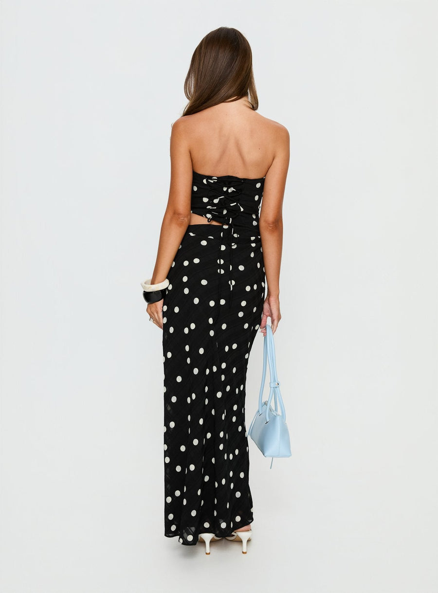 Jasira Strapless Drape Maxi Dress Black Polka Dot · photo 5