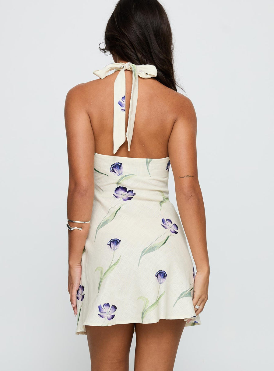 Havenna Halter Linen Blend Mini Dress Cream Floral · photo 5