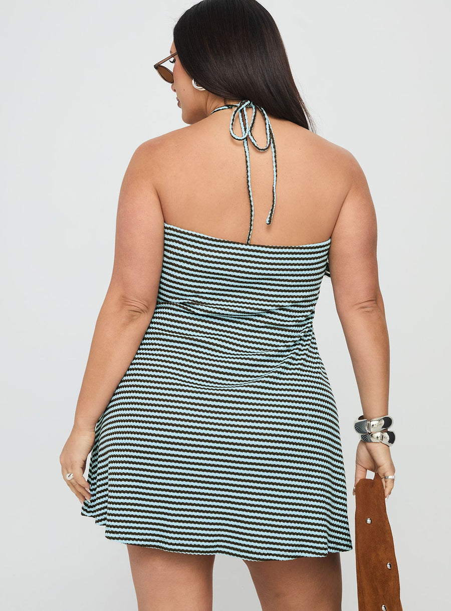 Knoxi Halter Jersey Mini Dress Blue / Brown Stripe Curve · photo 5