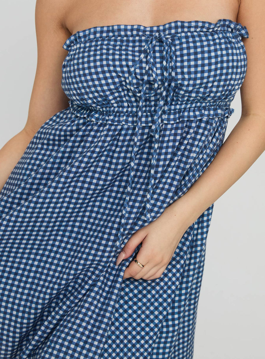 Held My Breath Strapless Babydoll Mini Dress Blue Gingham · photo 5