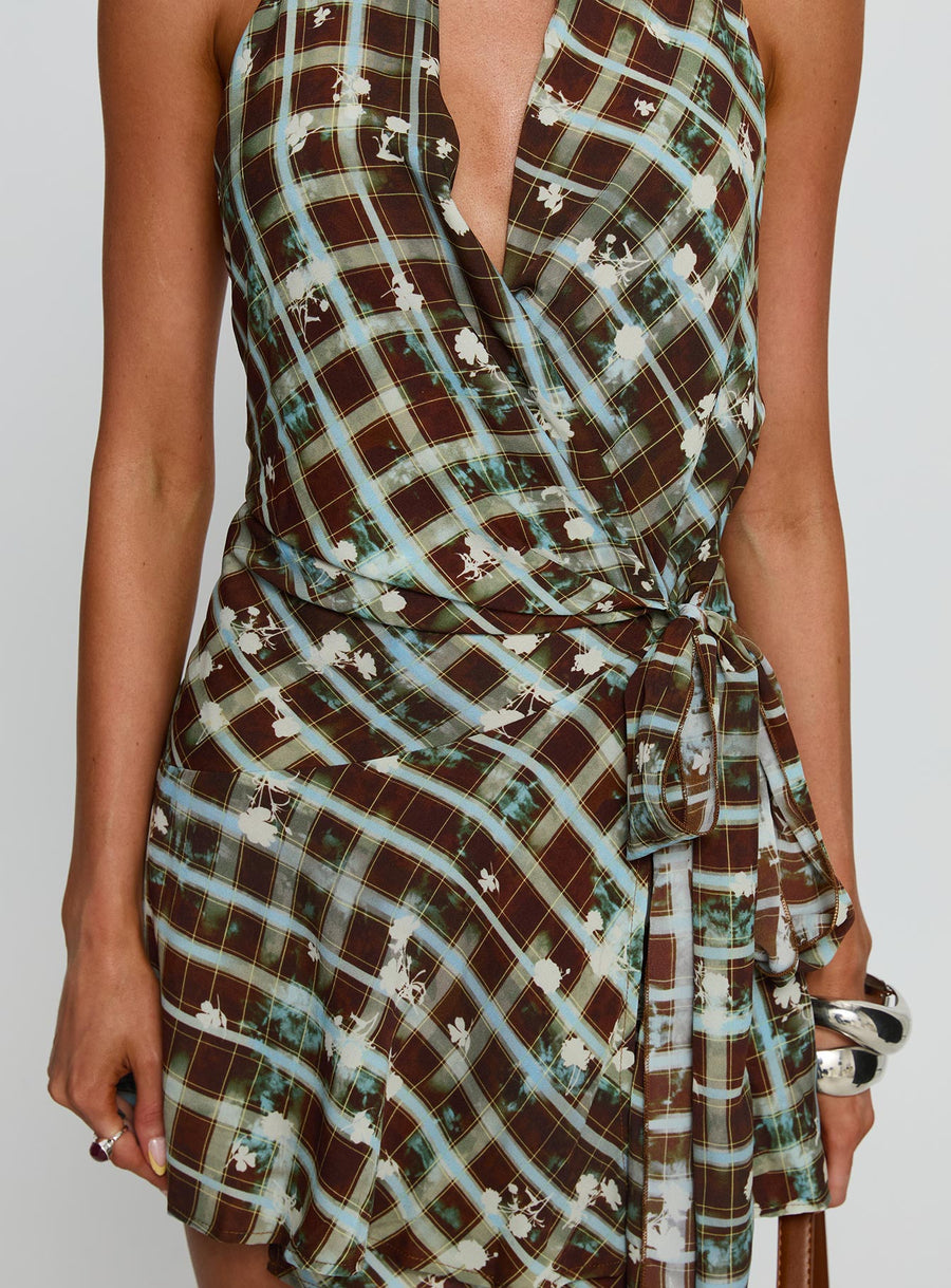 Brissa Halter Wrap Mini Dress Brown Multi · photo 5