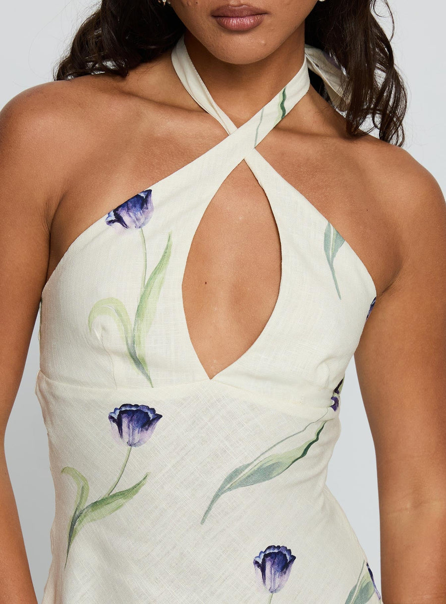 Havenna Halter Linen Blend Mini Dress Cream Floral · photo 6