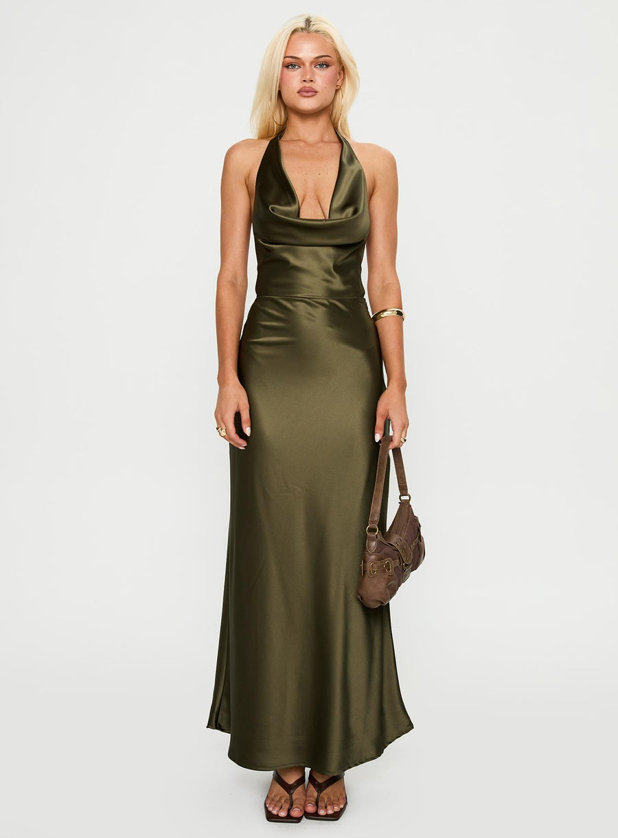 Iridescent Plunge Maxi Dress Olive Green · photo 6