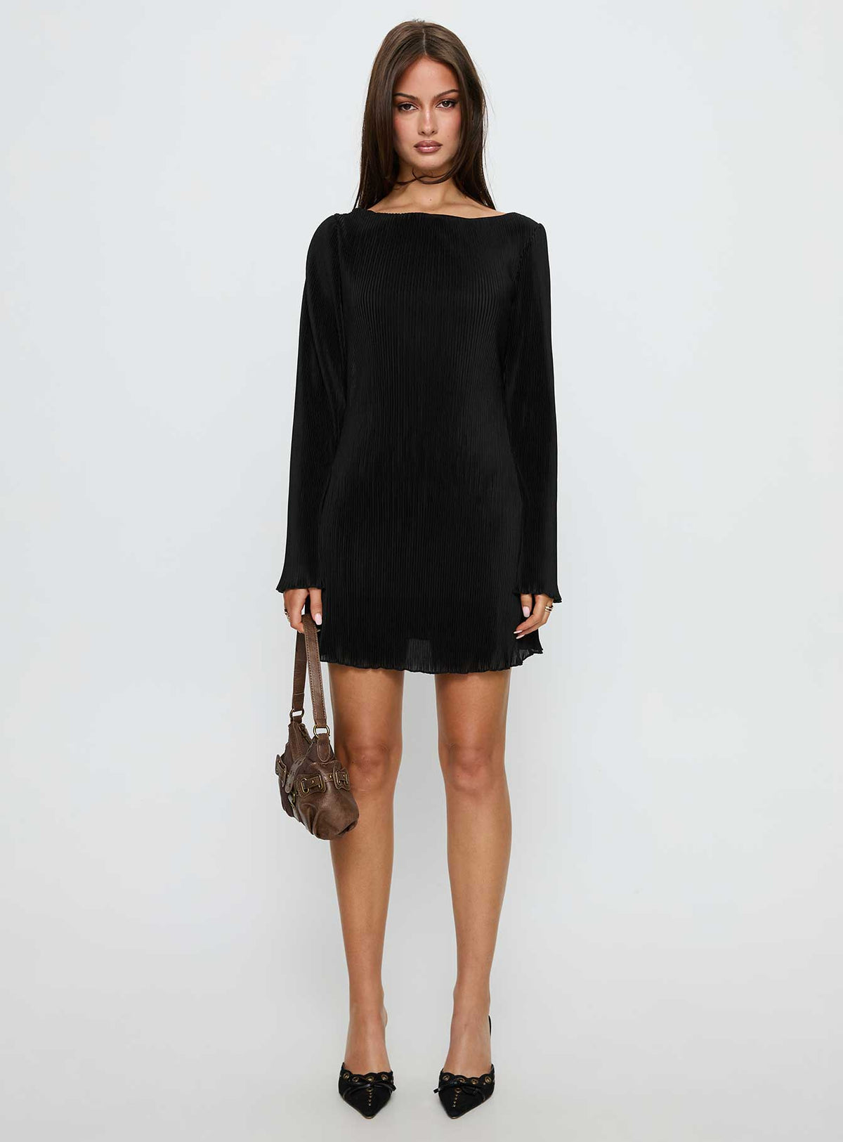 Lukea Long Sleeve Plisse Mini Dress Black