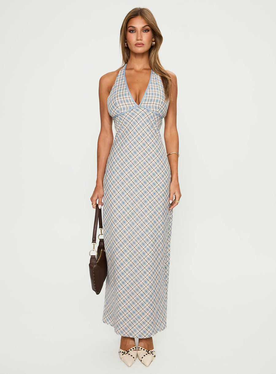 Evienna Halter Maxi Dress Blue Check · photo 6