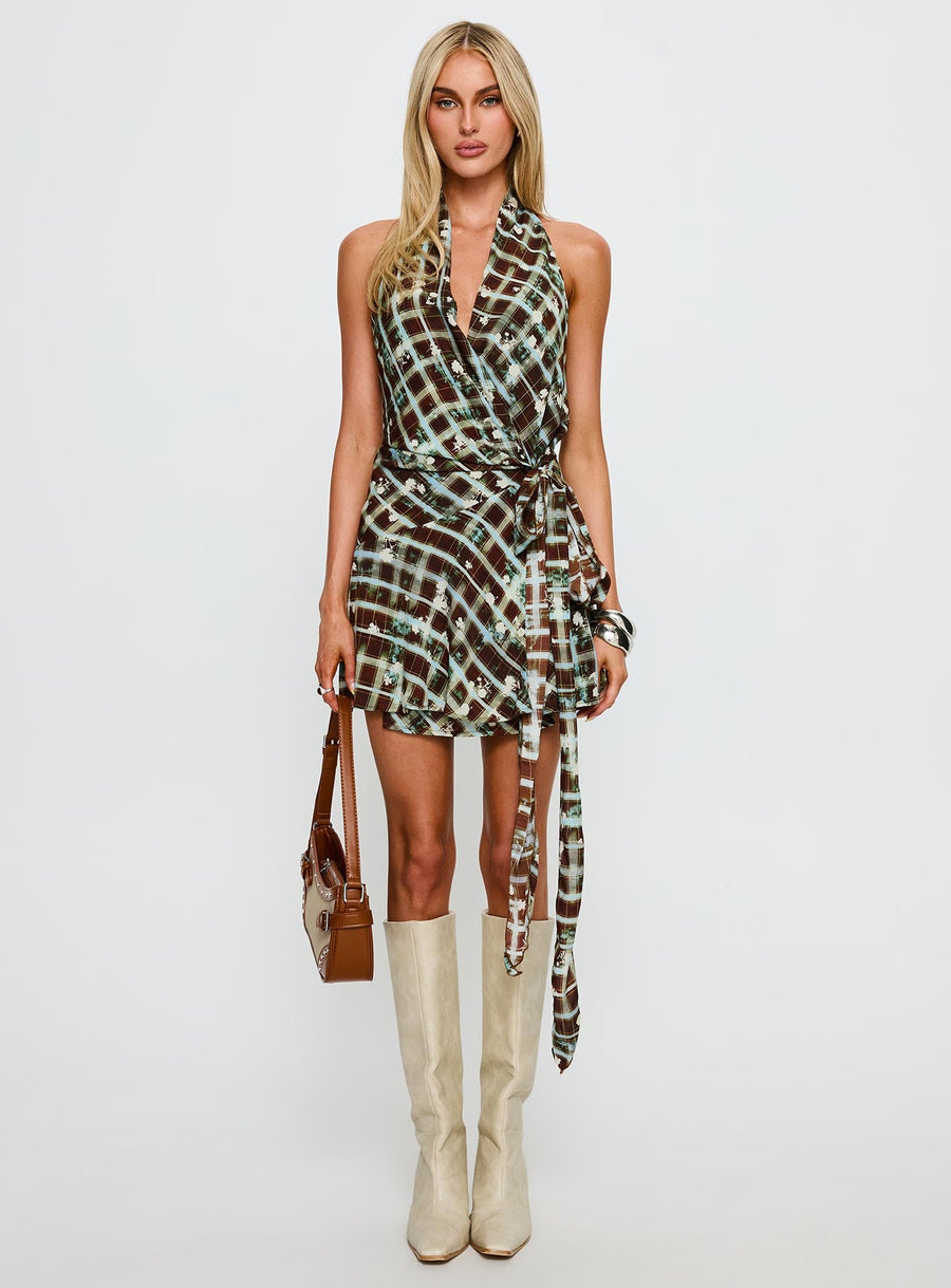 Brissa Halter Wrap Mini Dress Brown Multi · photo 6