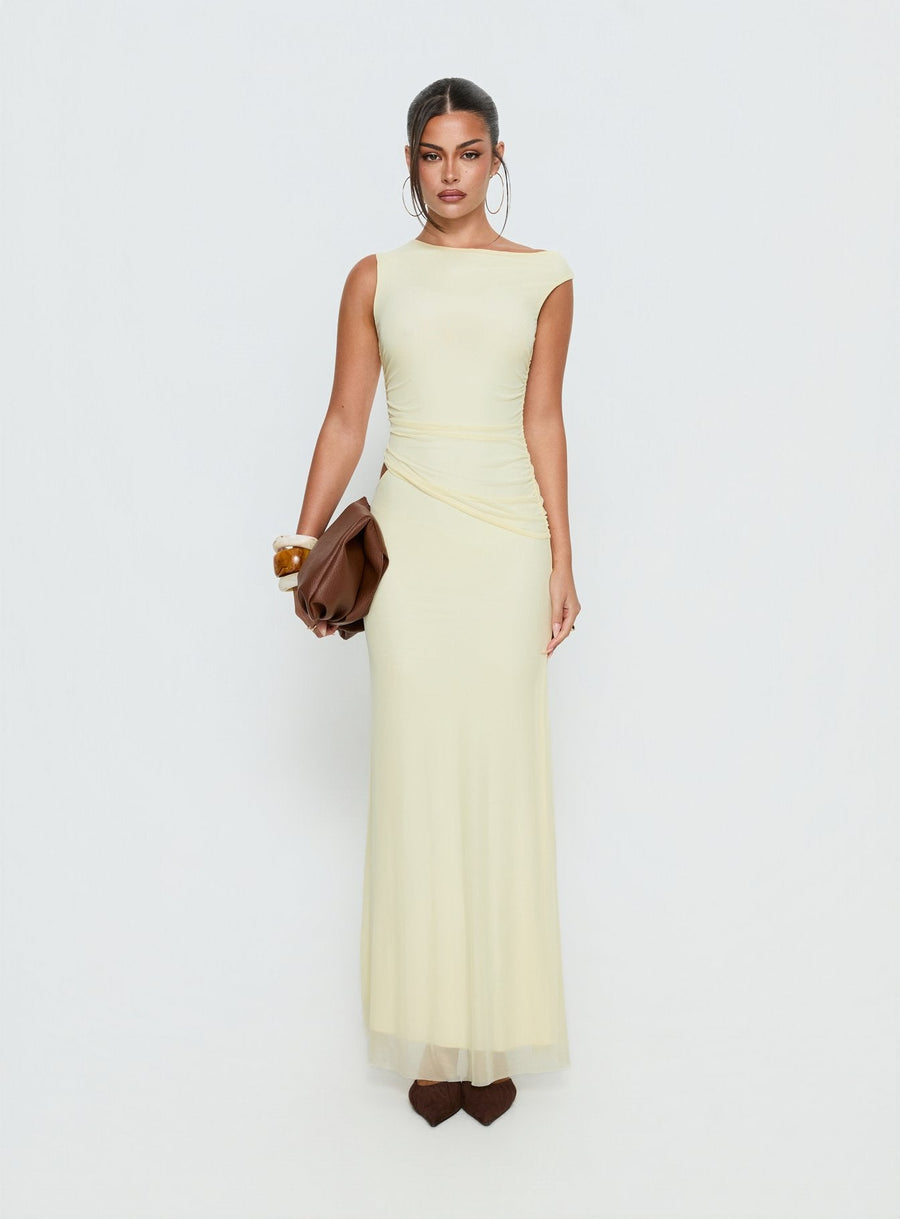 Krystyna Off Shoulder Ruched Mesh Maxi Dress Butter · photo 8
