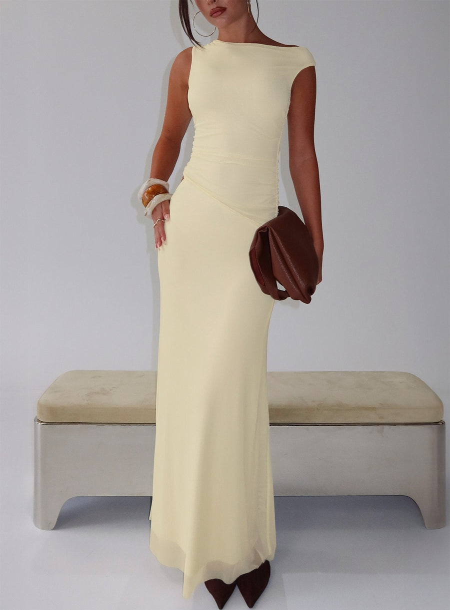 Krystyna Off Shoulder Ruched Mesh Maxi Dress Butter · photo 9