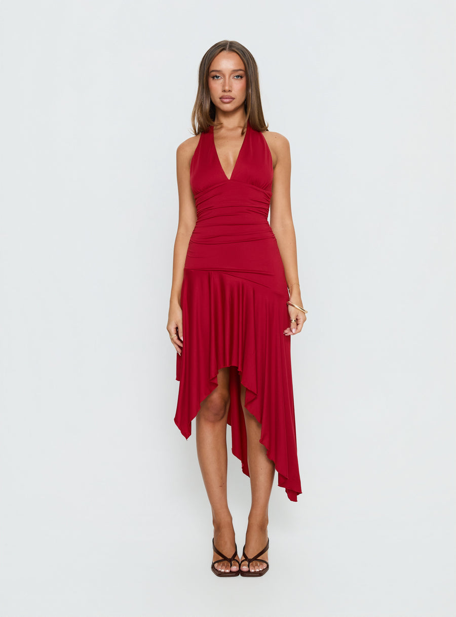 Emara Halter Asymmetrical Midi Dress Red · photo 9