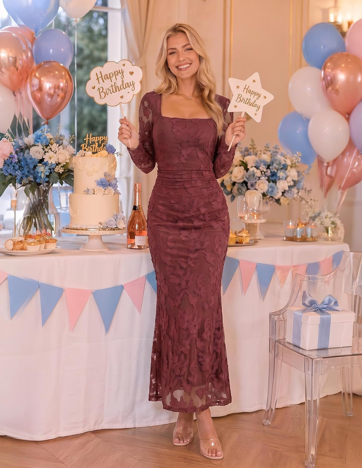 Valentina Floral Lace Square Neck Maxi Dress - Wine Red