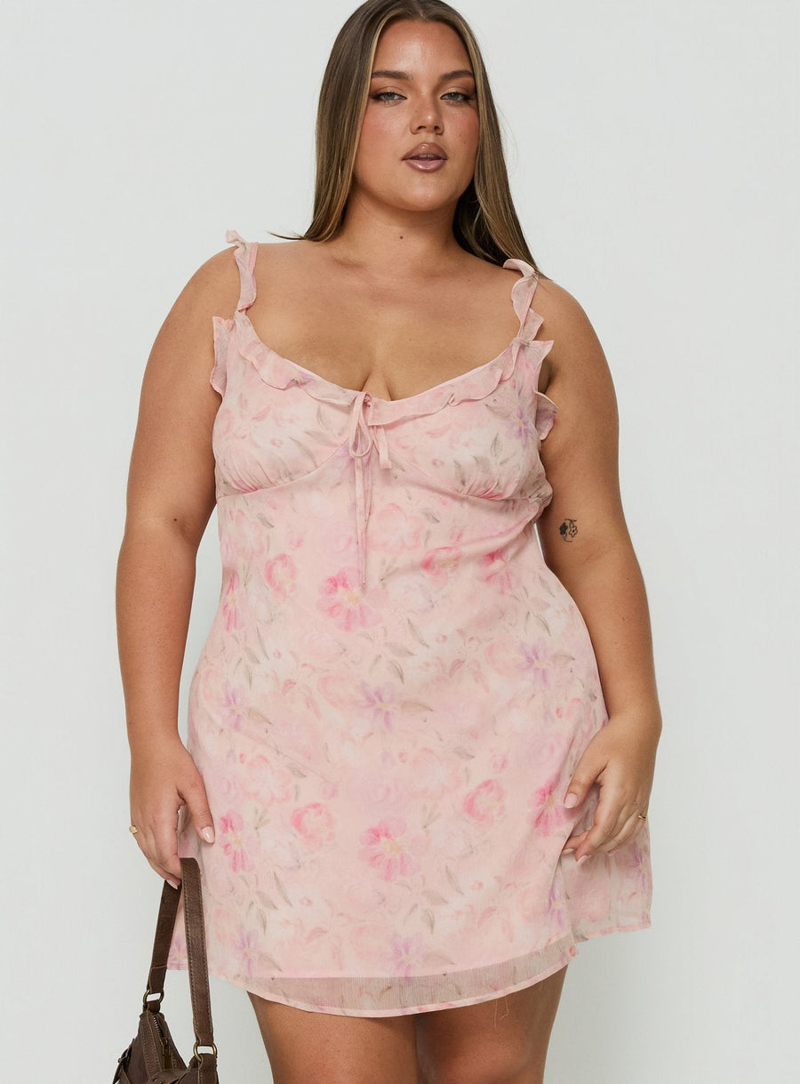 Dewdrops Chiffon Frill Mini Dress Pink Floral Curve · photo 1