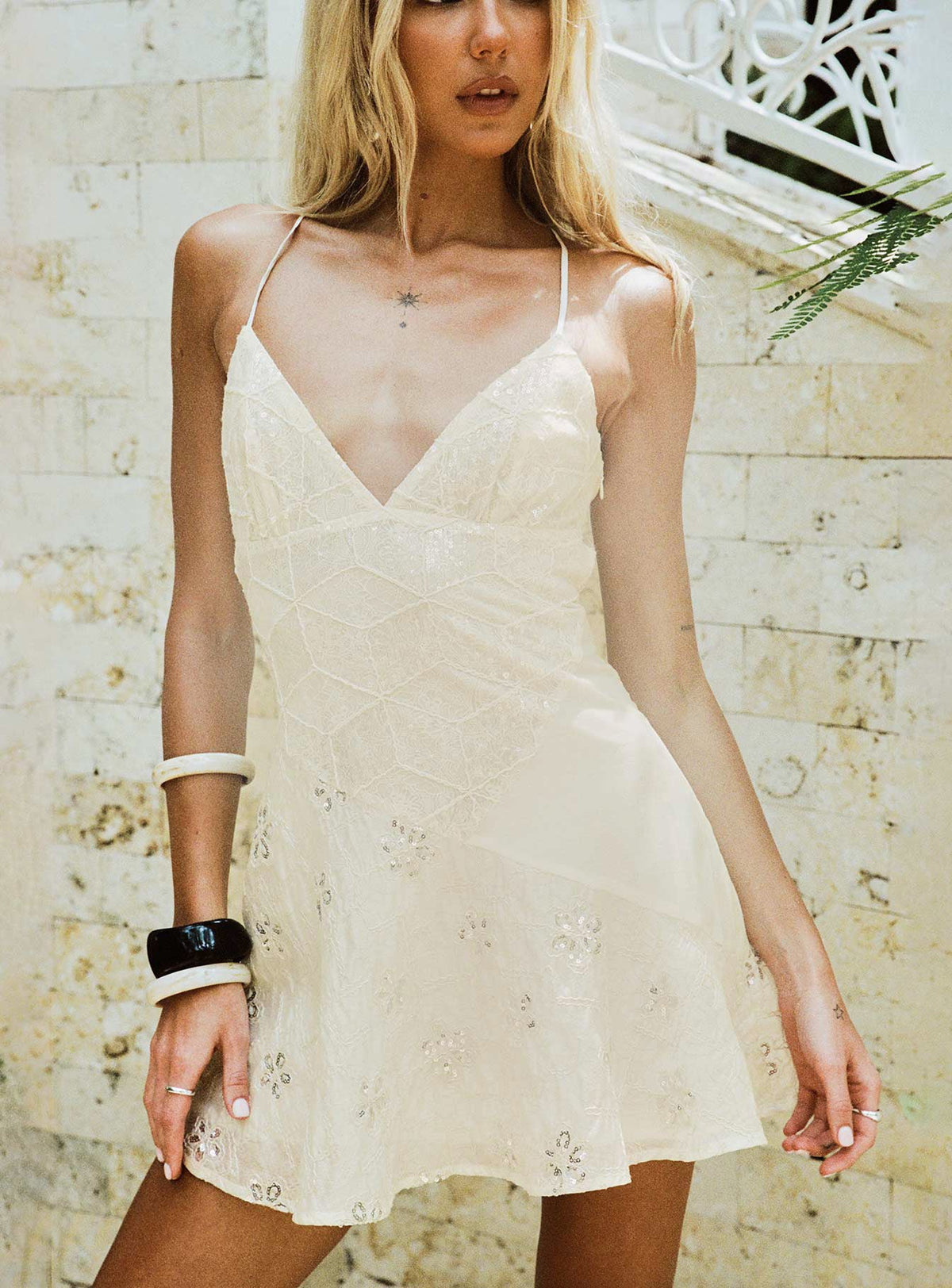 Odelinda Patchwork V Neck Mini Dress Cream Sequin