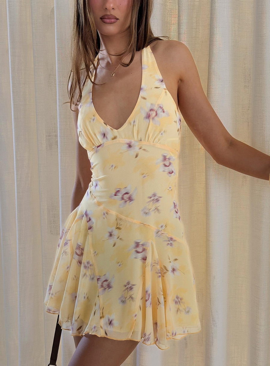 Isidorah Halter Pleat Mini Dress Blurred Yellow Floral · photo 1
