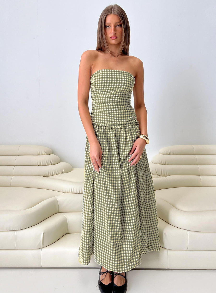 Frankey Strapless Drop Waist Maxi Dress Green Check · photo 1
