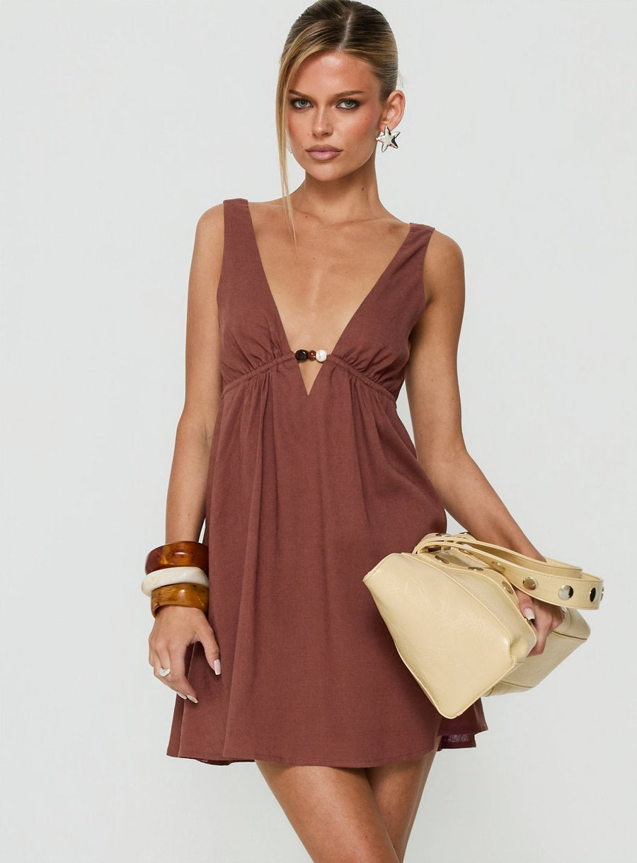 Giyah Bead Detail Mini Dress Brown · photo 1