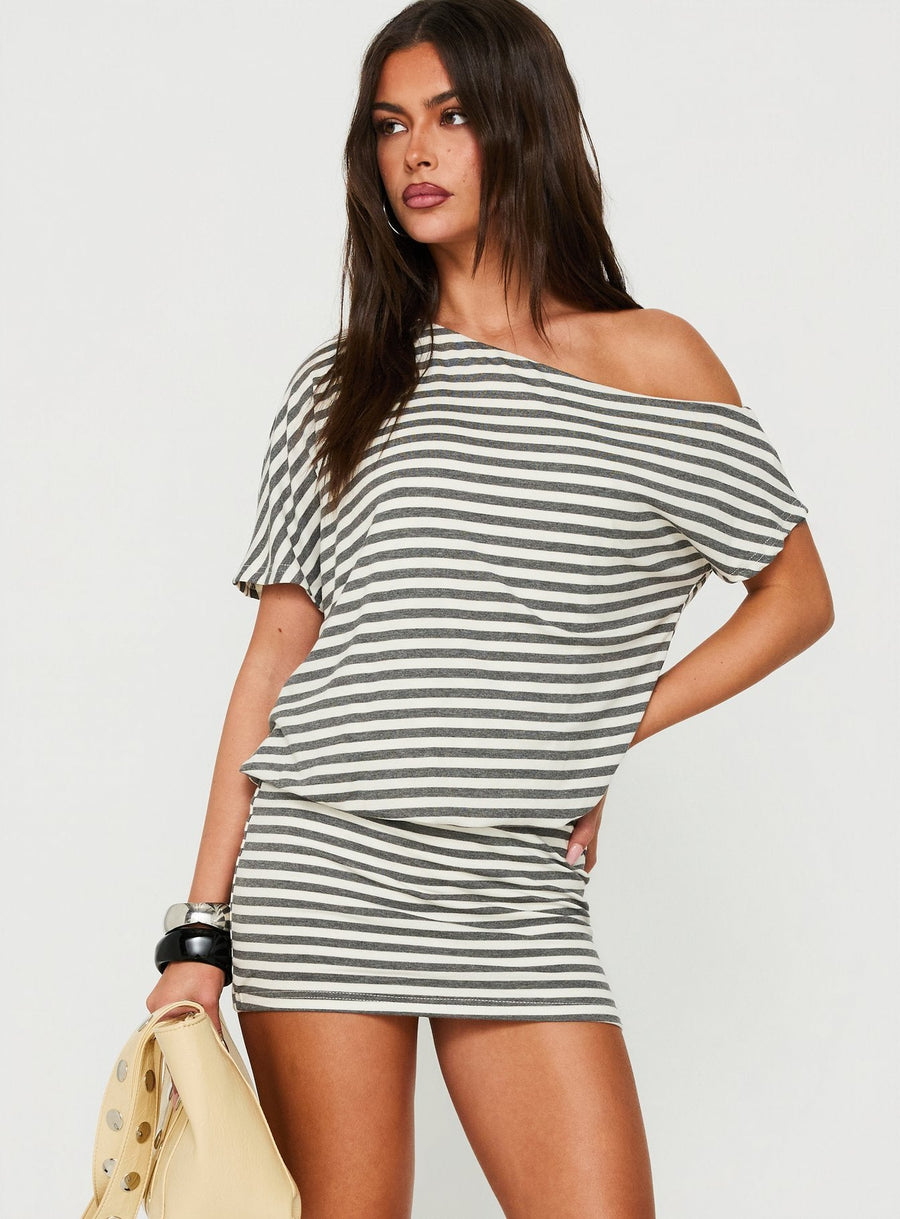 Jamelle Off Shoulder Mini Dress Charcoal / Cream Stripe · photo 1