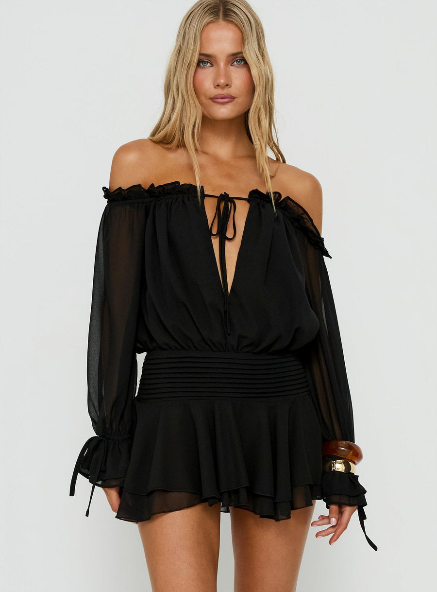 Felicita Off Shoulder Long Sleeve Chiffon Mini Dress Black · photo 1