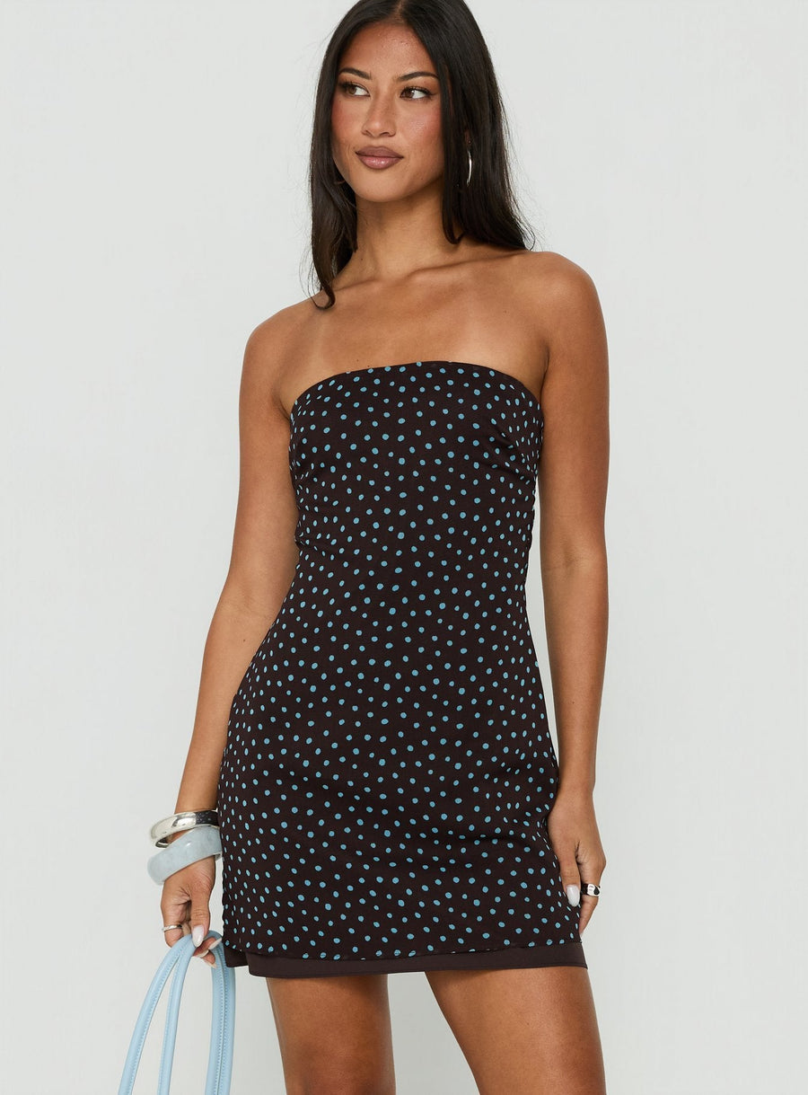 Isabettie Strapless Mini Dress Brown / Blue Polka Dot · photo 1