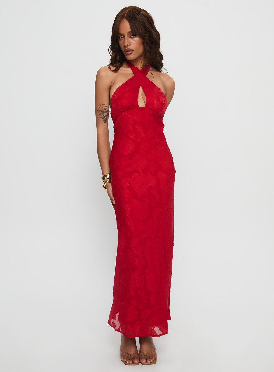 Ending Credits Halter Twist Maxi Dress Red Burnout · photo 1